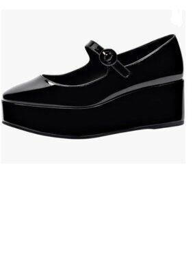 FSJ Black Platform Mid Heel Mary Jane Shoes Round Toe Comfortable Wedge Pumps